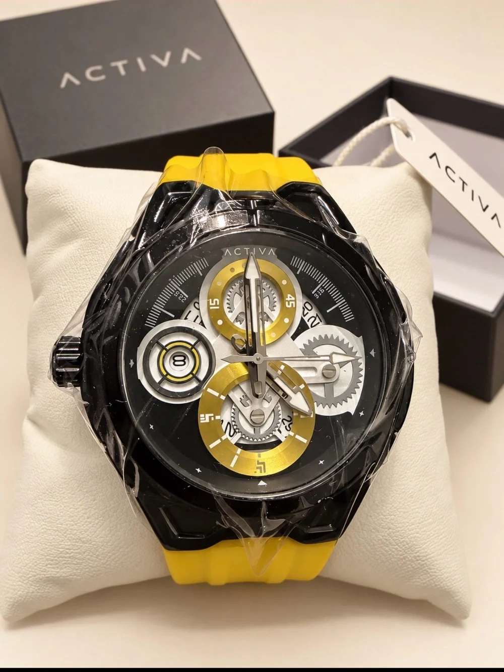Activa Yellow Silicone Strap Men's Watch with Black Gear Dial